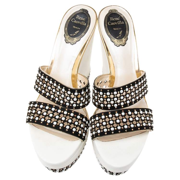 Pre Owned René Caovilla White/Black Crystal Embellished Suede Laser Cut Wedge Platform Slide Sandals Size 39