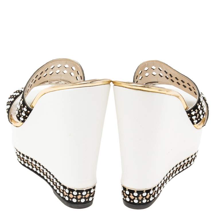 Pre Owned René Caovilla White/Black Crystal Embellished Suede Laser Cut Wedge Platform Slide Sandals Size 39