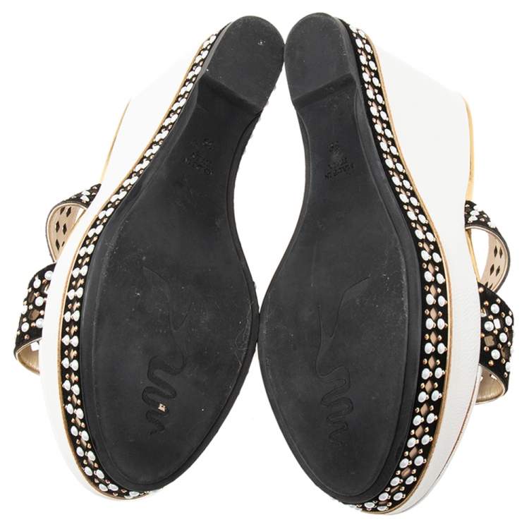 Pre Owned René Caovilla White/Black Crystal Embellished Suede Laser Cut Wedge Platform Slide Sandals Size 39