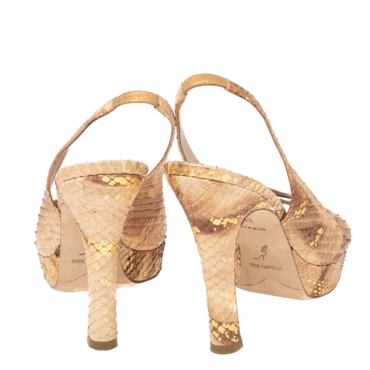 Pre Owned René Caovilla Beige Python Crisscross Platform Sandals Size 38