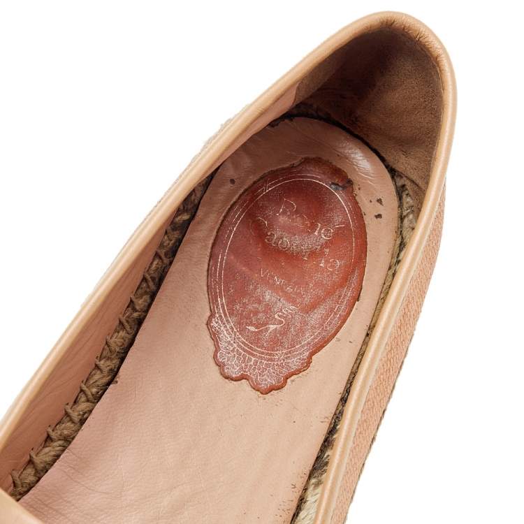 Pre Owned René Caovilla Peach Snakeskin Embossed Leather Crystal Embellished Espadrille Flats Size 39