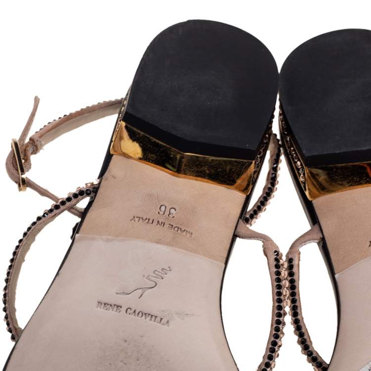 Pre Owned René Caovilla Black/Pink Crystal Embellished Satin and Leather Bow T-Strap Flat Sandals Size 36