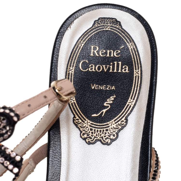 Pre Owned René Caovilla Black/Pink Crystal Embellished Satin and Leather Bow T-Strap Flat Sandals Size 36
