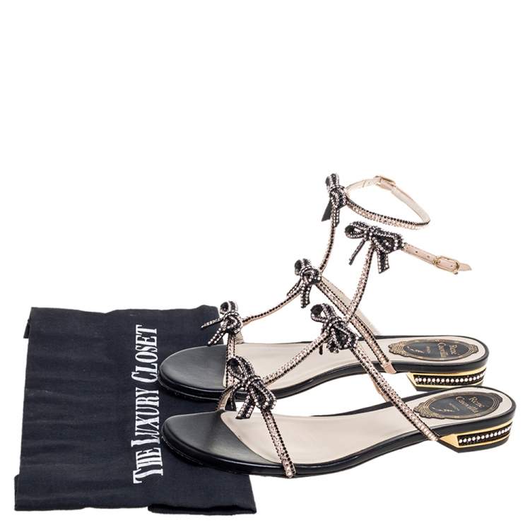 Pre Owned René Caovilla Black/Pink Crystal Embellished Satin and Leather Bow T-Strap Flat Sandals Size 36