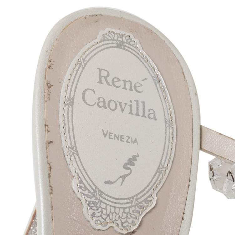Pre Owned René Caovilla White Leather Embellished Chandelier Sandals Size 37