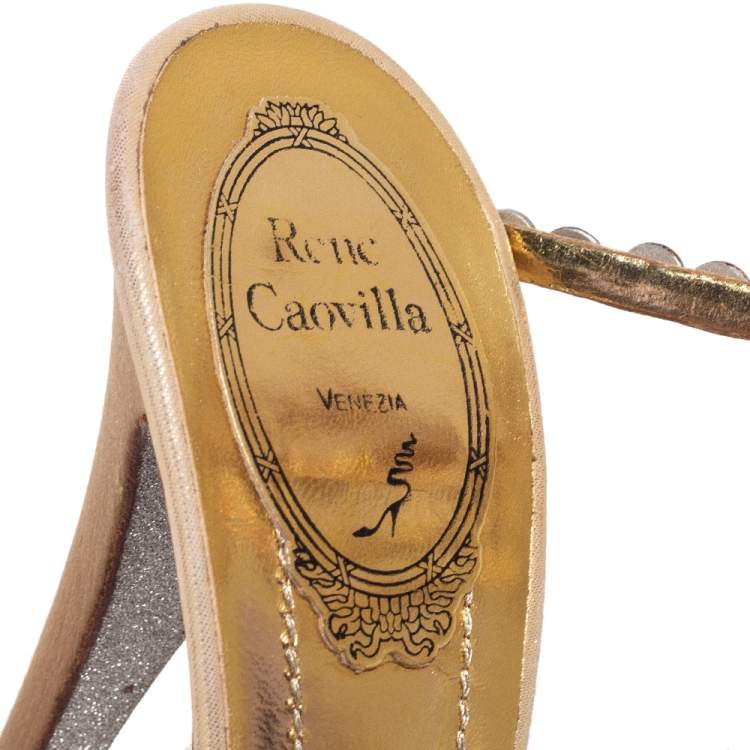 مملوكة مسبقًا Rene Caovilla Gold Crystal Embellished Leather Cleo Spiral Sandals Size 37.5