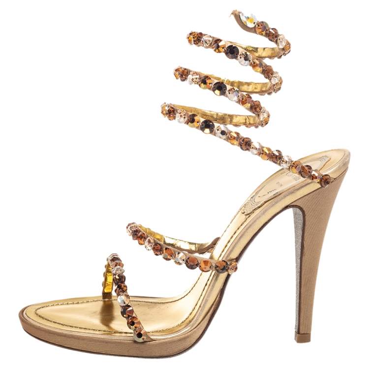 مملوكة مسبقًا Rene Caovilla Gold Crystal Embellished Leather Cleo Spiral Sandals Size 37.5