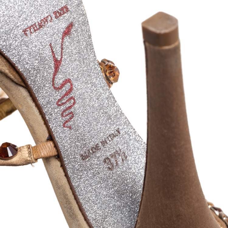 مملوكة مسبقًا Rene Caovilla Gold Crystal Embellished Leather Cleo Spiral Sandals Size 37.5