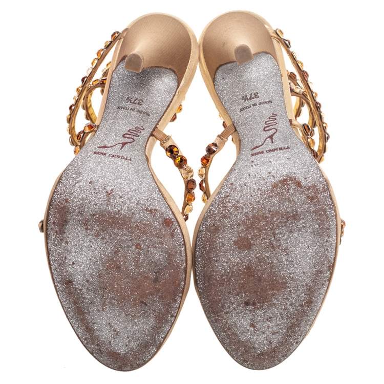مملوكة مسبقًا Rene Caovilla Gold Crystal Embellished Leather Cleo Spiral Sandals Size 37.5