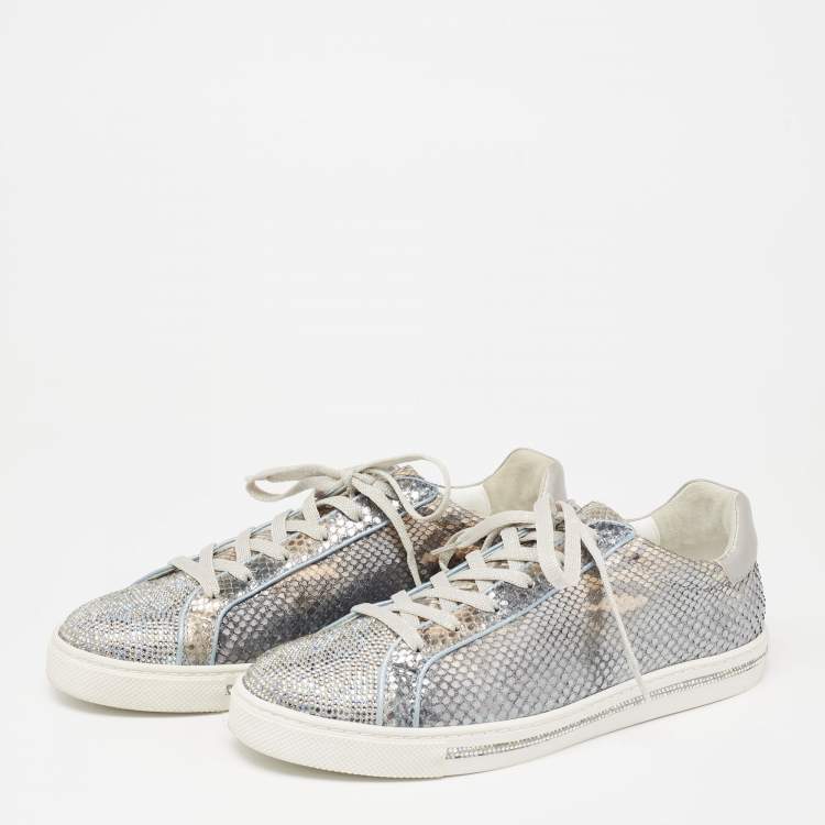 Pre Owned Rene Caovilla Silver Python and Leather Crystal Embellished Lace Up Sneakers Size 41