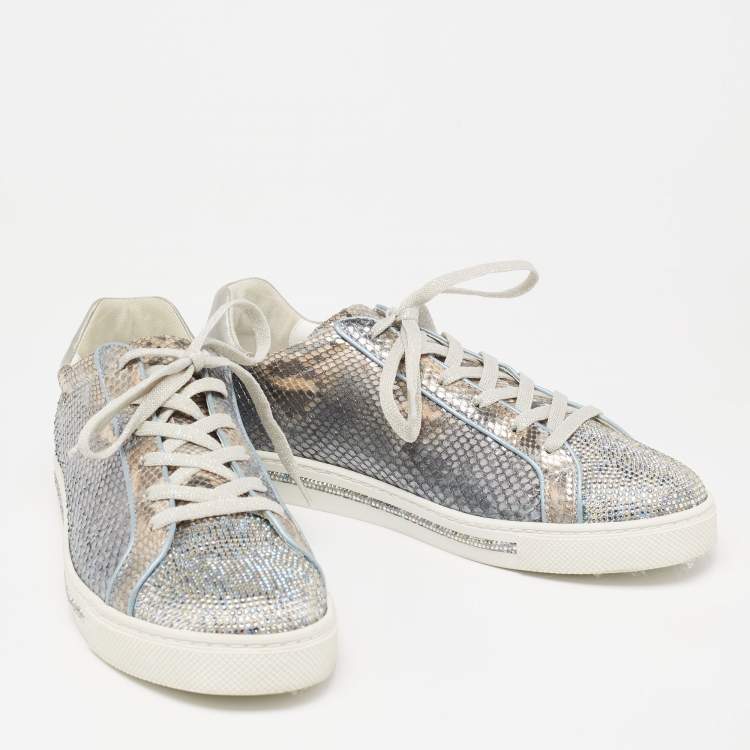 Pre Owned Rene Caovilla Silver Python and Leather Crystal Embellished Lace Up Sneakers Size 41