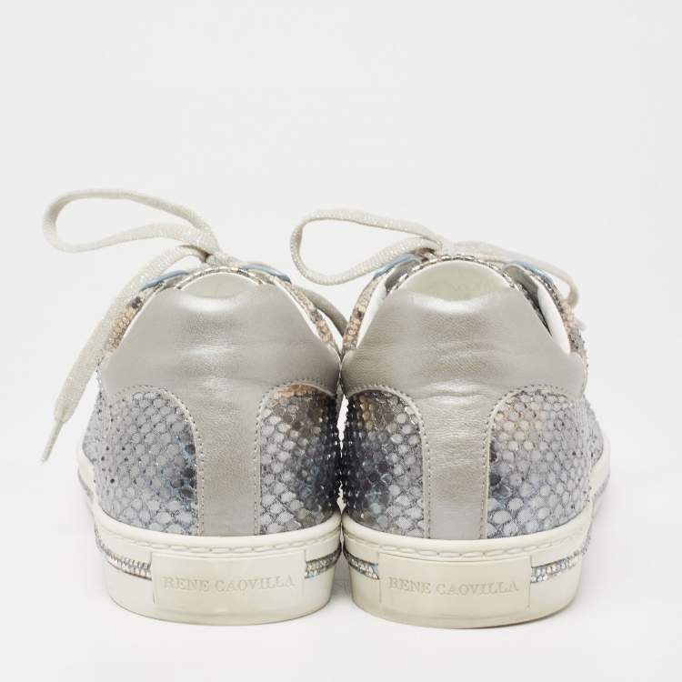 Pre Owned Rene Caovilla Silver Python and Leather Crystal Embellished Lace Up Sneakers Size 41