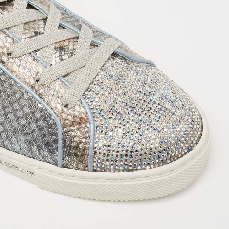 Pre Owned Rene Caovilla Silver Python and Leather Crystal Embellished Lace Up Sneakers Size 41