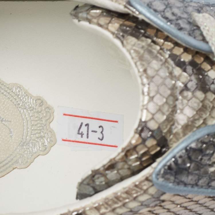 Pre Owned Rene Caovilla Silver Python and Leather Crystal Embellished Lace Up Sneakers Size 41