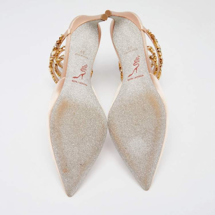 Pre Owned René Caovilla Beige Satin Crystal Embellished Ankle Wrap Sandals Size 39