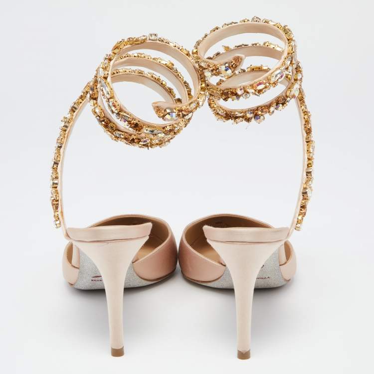 Pre Owned René Caovilla Beige Satin Crystal Embellished Ankle Wrap Sandals Size 39