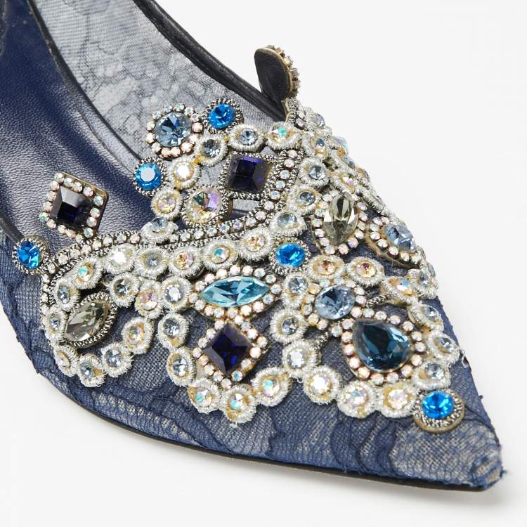 Pre Owned René Caovilla Blue Lace Crystal Embellished Pointed Toe Pumps Size 36