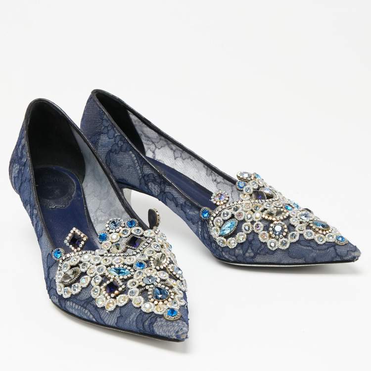 Pre Owned René Caovilla Blue Lace Crystal Embellished Pointed Toe Pumps Size 36