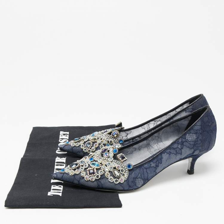 Pre Owned René Caovilla Blue Lace Crystal Embellished Pointed Toe Pumps Size 36
