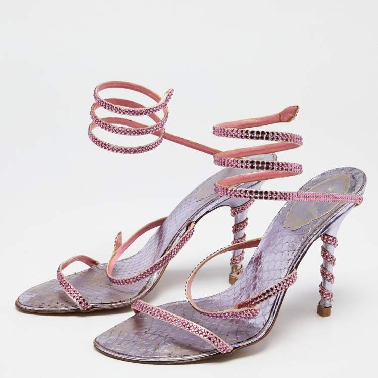Pre Owned René Caovilla Pink/Purple Crystals Studded Satin and Metal Cleo Ankle-Wrap Sandals Size 38.5