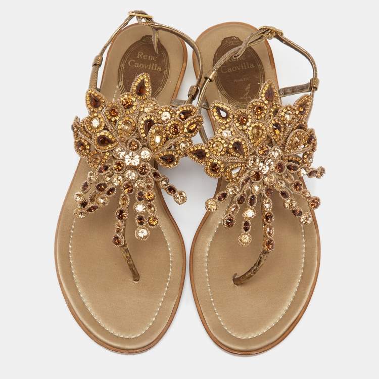 Pre Owned René Caovilla Gold Python Embossed Leather Crystal Embellished Thong Flat Sandals Size 37.5