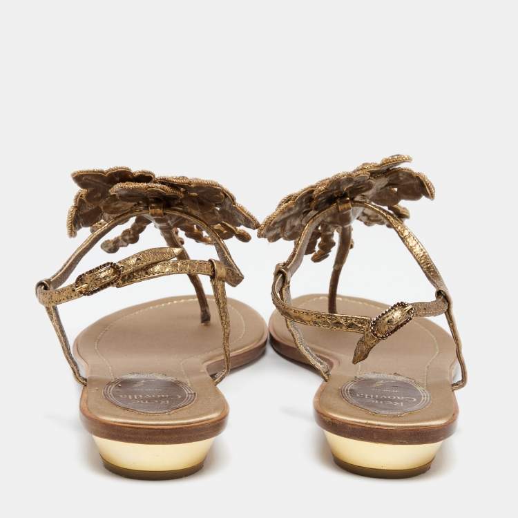 Pre Owned René Caovilla Gold Python Embossed Leather Crystal Embellished Thong Flat Sandals Size 37.5