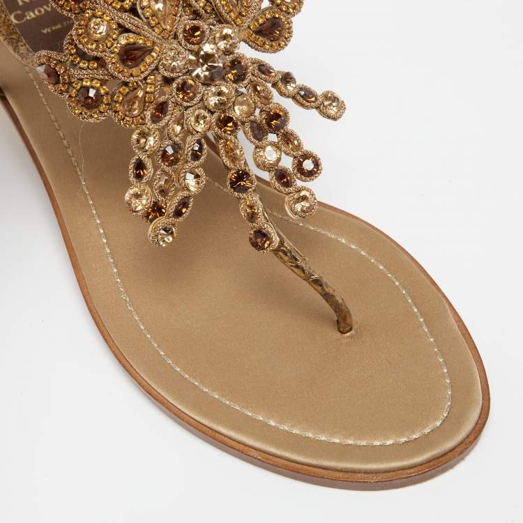 Pre Owned René Caovilla Gold Python Embossed Leather Crystal Embellished Thong Flat Sandals Size 37.5