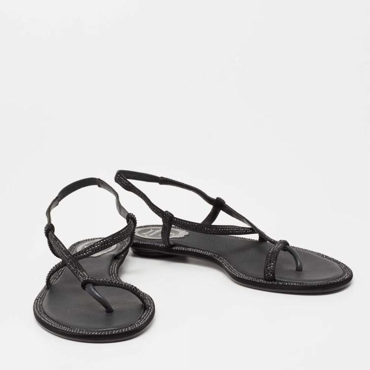 Pre Owned René Caovilla Black Satin Crystal Embellished Strappy Flats Size 38