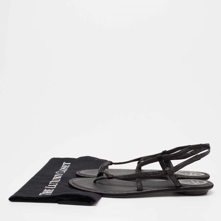Pre Owned René Caovilla Black Satin Crystal Embellished Strappy Flats Size 38