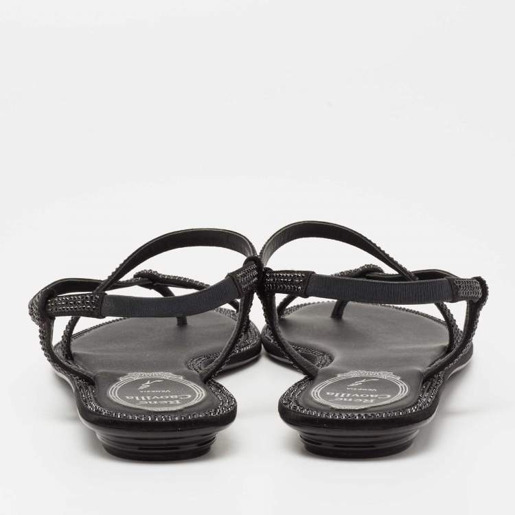 Pre Owned René Caovilla Black Satin Crystal Embellished Strappy Flats Size 38