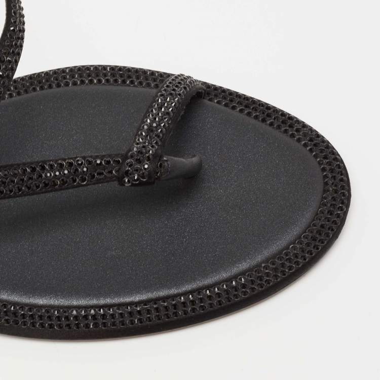 Pre Owned René Caovilla Black Satin Crystal Embellished Strappy Flats Size 38