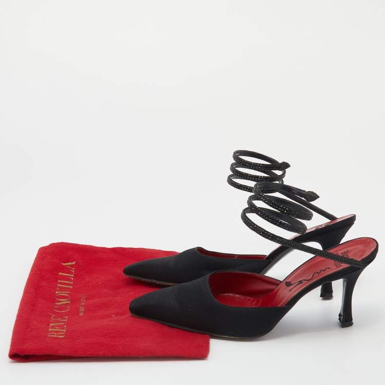 Pre Owned René Caovilla Black Satin Cleo Crystal Pointed Toe Sandals Size 38