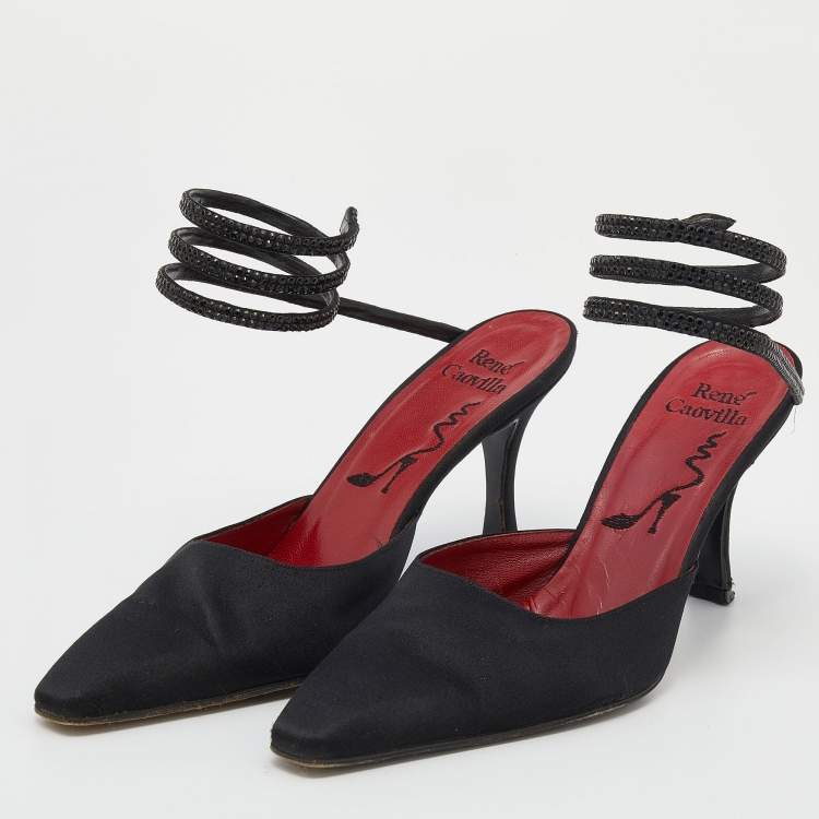 Pre Owned René Caovilla Black Satin Cleo Crystal Pointed Toe Sandals Size 38