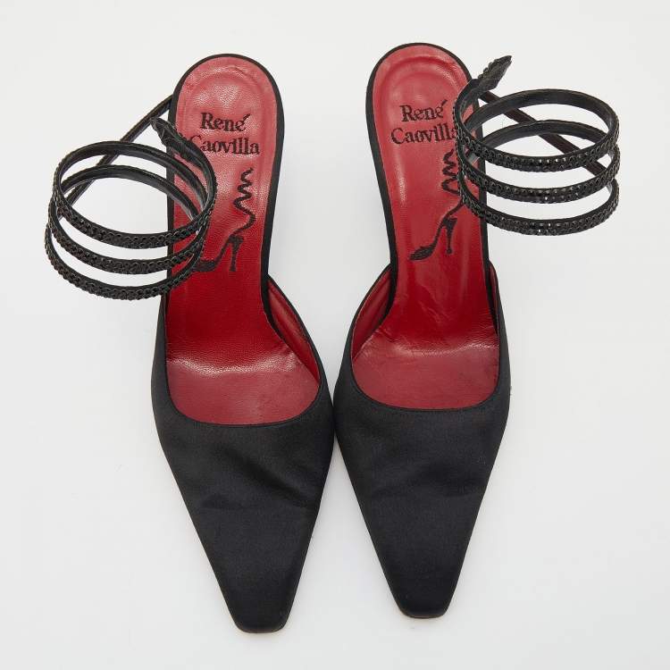 Pre Owned René Caovilla Black Satin Cleo Crystal Pointed Toe Sandals Size 38