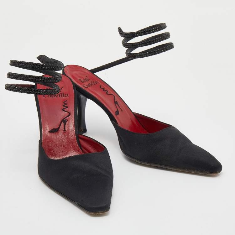 Pre Owned René Caovilla Black Satin Cleo Crystal Pointed Toe Sandals Size 38