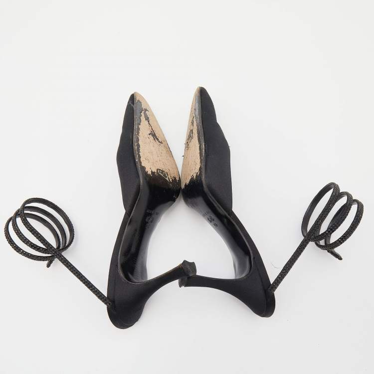 Pre Owned René Caovilla Black Satin Cleo Crystal Pointed Toe Sandals Size 38