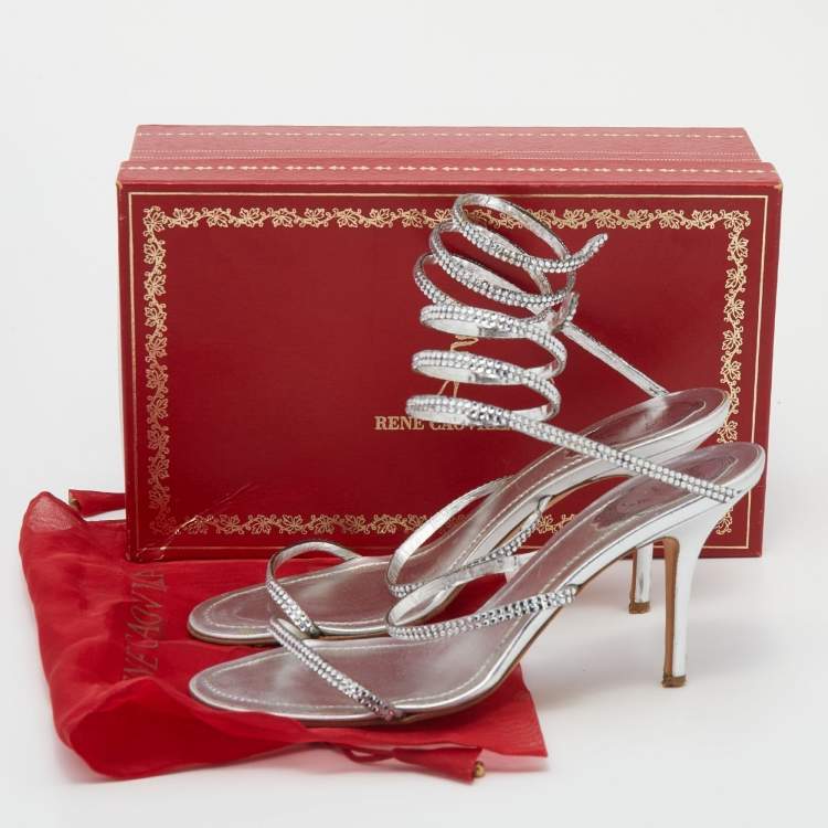 Pre Owned René Caovilla Metallic Silver Leather Crystal Cleo Ankle Strap Sandals Size 39.5