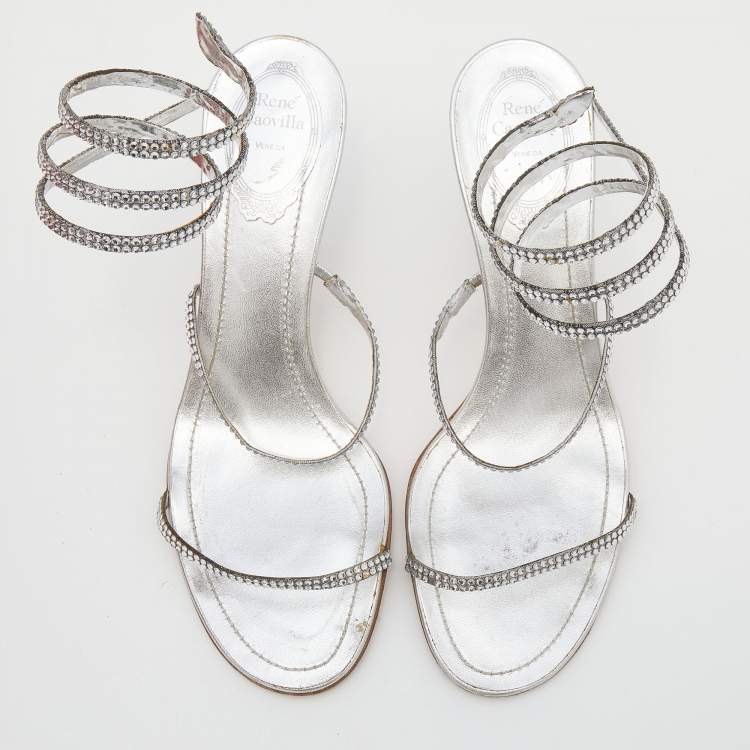 Pre Owned René Caovilla Metallic Silver Leather Crystal Cleo Ankle Strap Sandals Size 39.5
