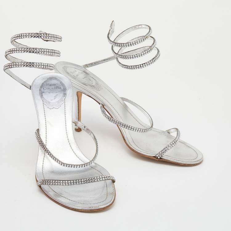Pre Owned René Caovilla Metallic Silver Leather Crystal Cleo Ankle Strap Sandals Size 39.5