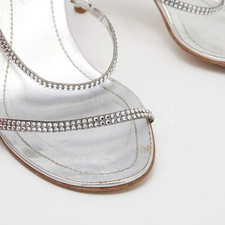 Pre Owned René Caovilla Metallic Silver Leather Crystal Cleo Ankle Strap Sandals Size 39.5
