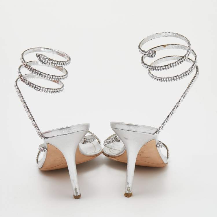 Pre Owned René Caovilla Metallic Silver Leather Crystal Cleo Ankle Strap Sandals Size 39.5