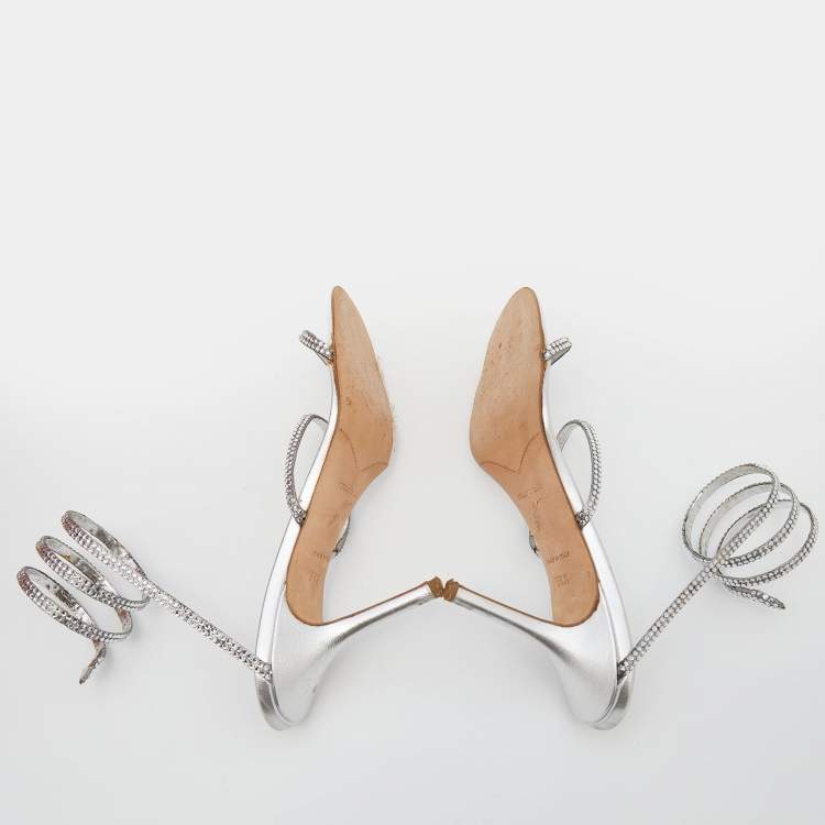 Pre Owned René Caovilla Metallic Silver Leather Crystal Cleo Ankle Strap Sandals Size 39.5