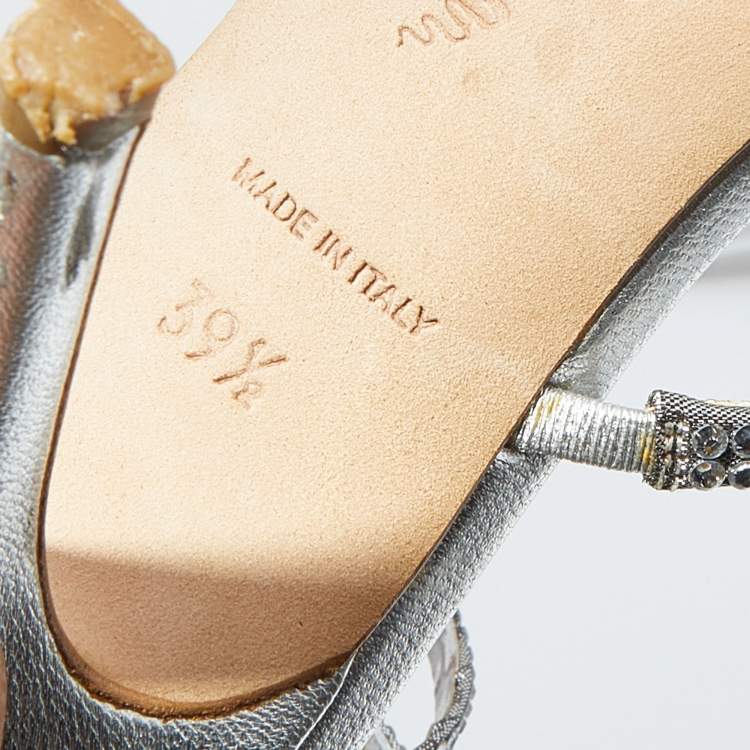 Pre Owned René Caovilla Metallic Silver Leather Crystal Cleo Ankle Strap Sandals Size 39.5