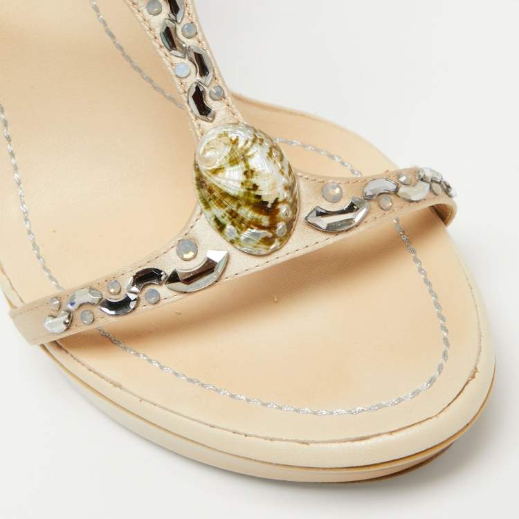 Pre Owned Rene Caovilla Beige Satin Crystal Embellished Ankle-Strap Platform Sandals Size 37.5