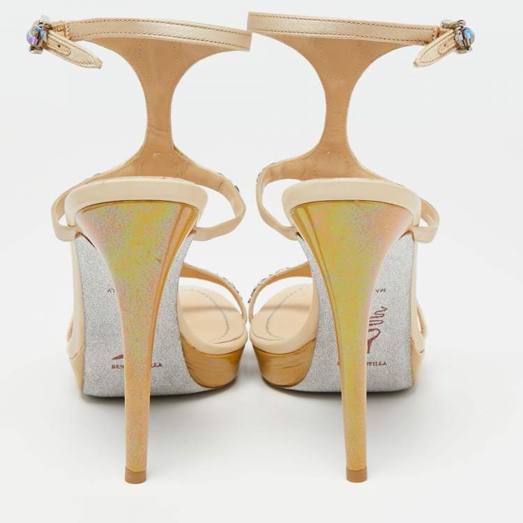 Pre Owned Rene Caovilla Beige Satin Crystal Embellished Ankle-Strap Platform Sandals Size 37.5