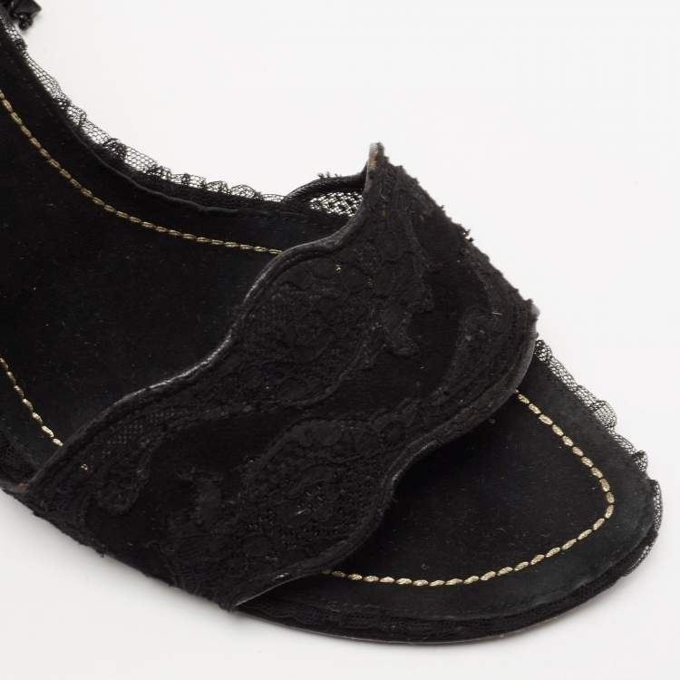 Pre Owned René Caovilla Black Suede and Lace Embellished Ankle Tie Sandals Size 38.5