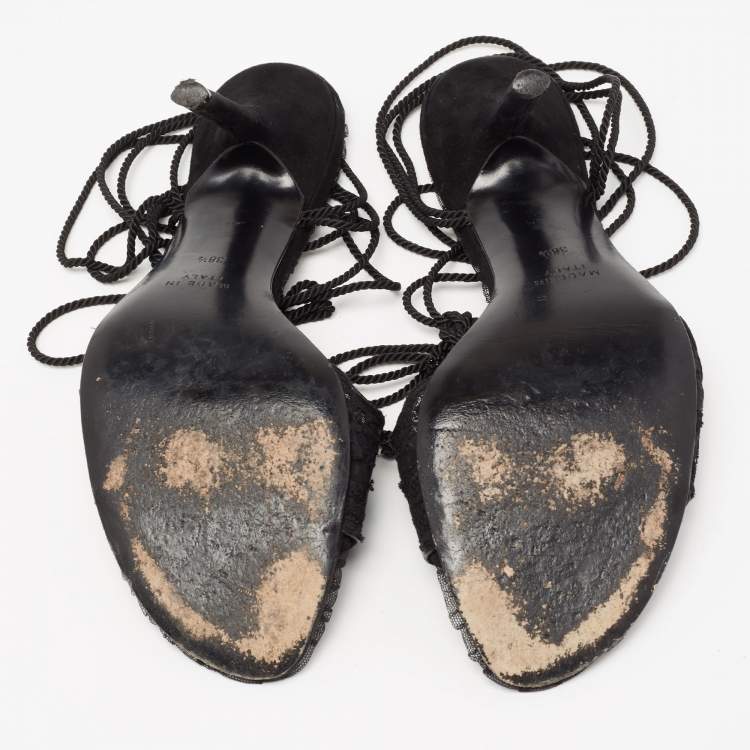 Pre Owned René Caovilla Black Suede and Lace Embellished Ankle Tie Sandals Size 38.5