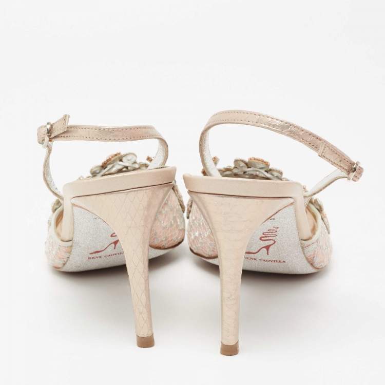 Pre Owned René Caovilla Golden Lace And Leather Crystals Embellished Veneziana Slingback Pumps Size 38