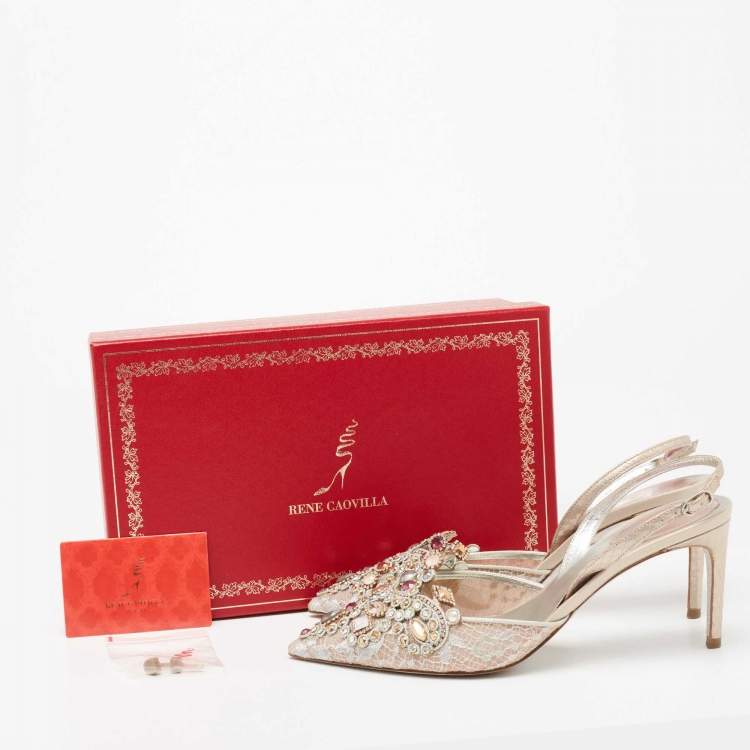 Pre Owned René Caovilla Golden Lace And Leather Crystals Embellished Veneziana Slingback Pumps Size 38