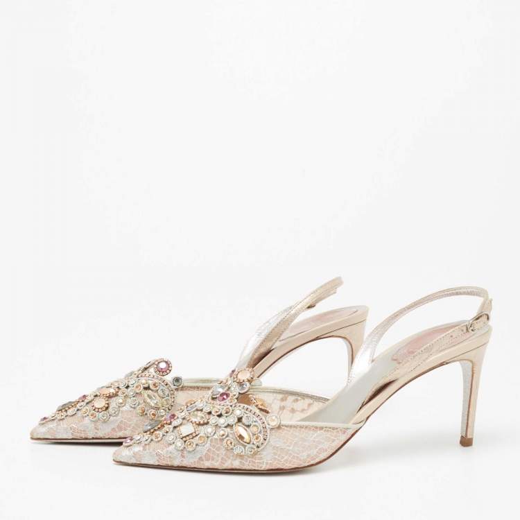 Pre Owned René Caovilla Golden Lace And Leather Crystals Embellished Veneziana Slingback Pumps Size 38